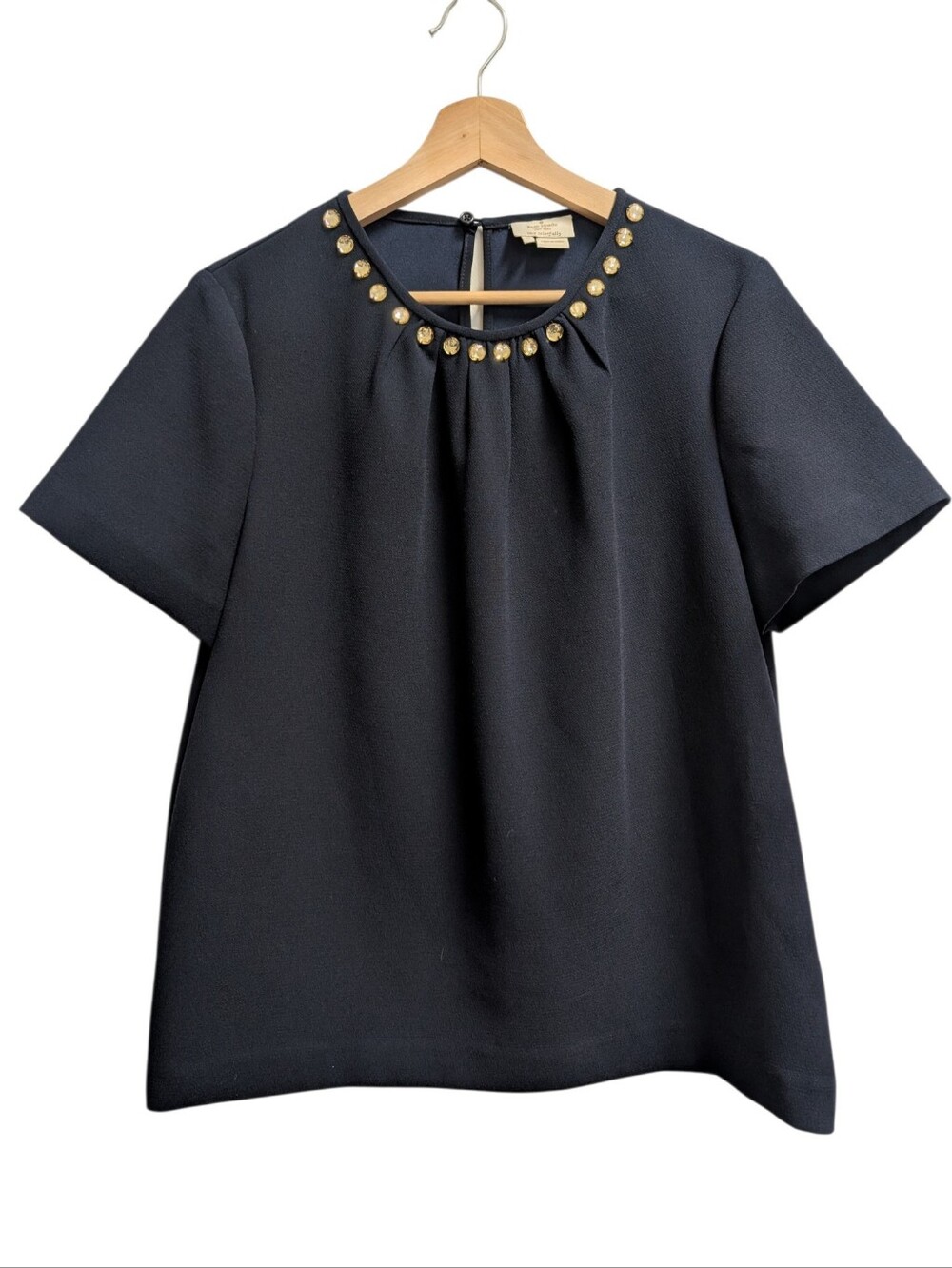 Kate Spade Short Sleeve Yellow Jeweled Collar Blouse Navy Blue Size 10
